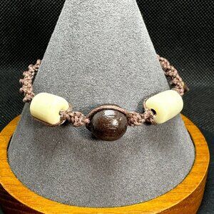 Natural Wood & Glass Macrame Handmade Bracelet 6-9 inches Adjustable Brown Nylon